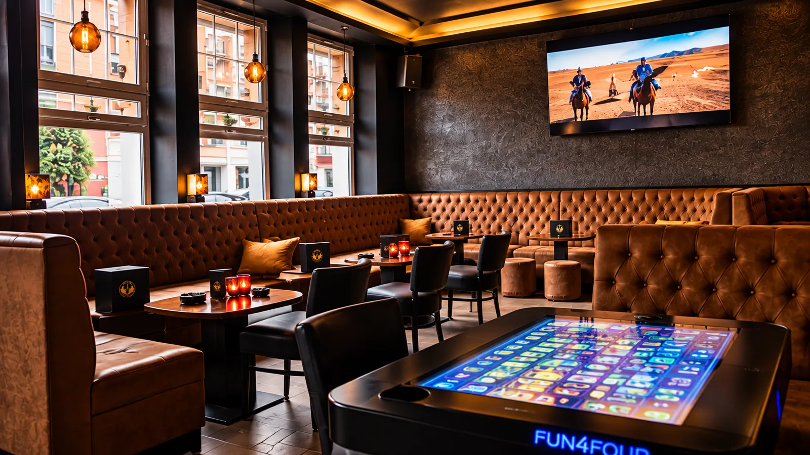 Innenraum der Relax Lounge mit Ledersitzbänken und Pendelleuchten